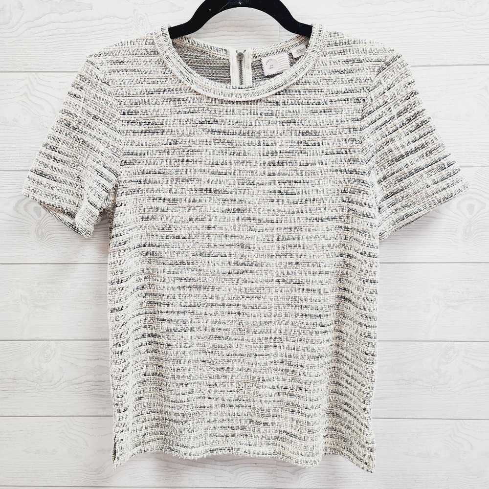 Postmark Anthropologie Women XS Tweed Shrt Sleeve Top Gold Metallic Zipper Cream